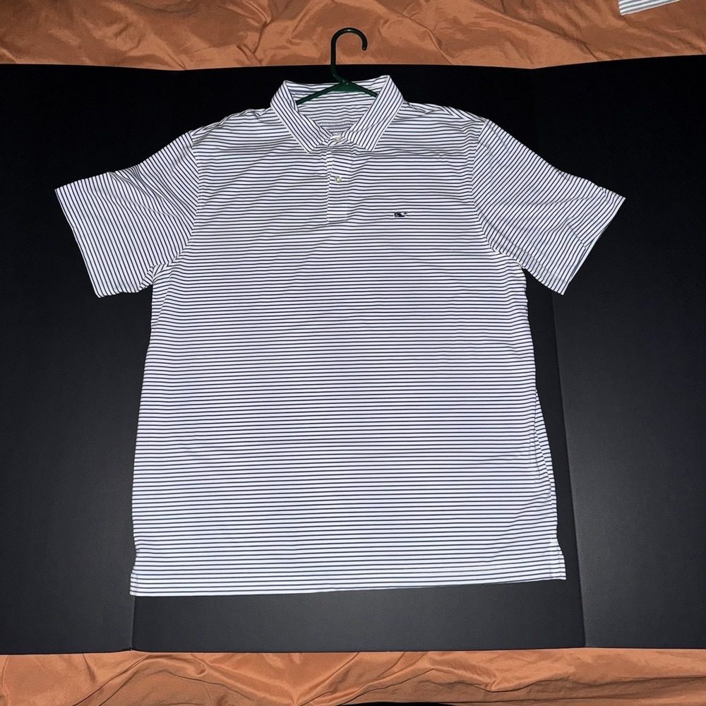 Men's XL Vineyard Vines Performance Polo Shirt White Navy Striped Whale Logo